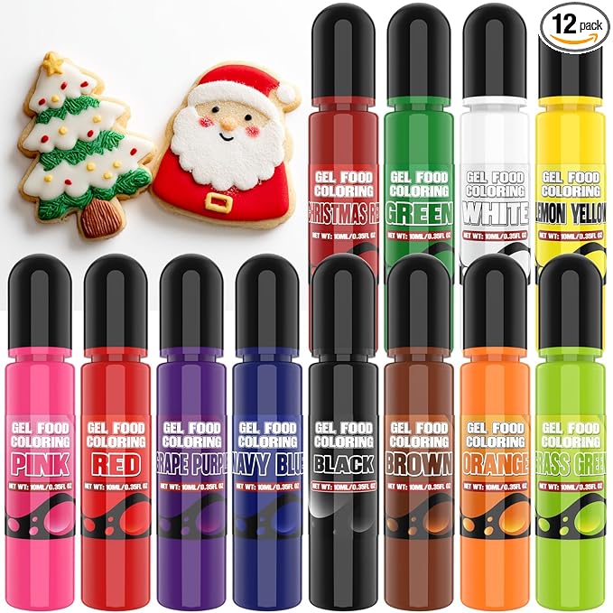 Gel Food Coloring Set for Christmas, 12 Colors with red, green, white, etc. Concentrated Food Coloring Gel for Icing, Baking, Candy, Cake Decorating, 0.35 Fl. Oz/Bottles