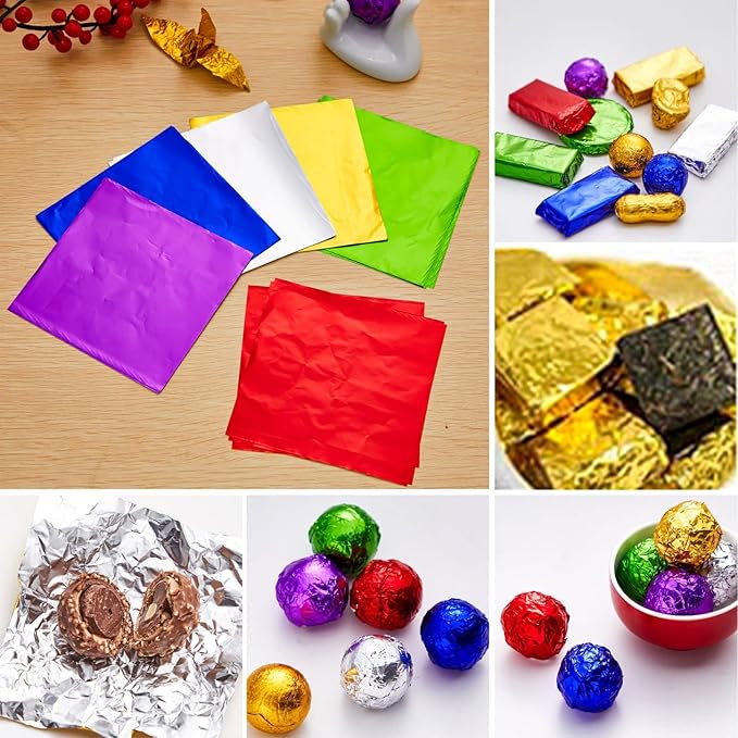 600pcs Aluminium Foil Paper Chocolate Candy Wrappers Wrapping Papers Square Sweets Lolly Paper Food Candy Tin Foil Wrappers for Candy Packaging Decoration (4 by 4-Inch) 6 Colors