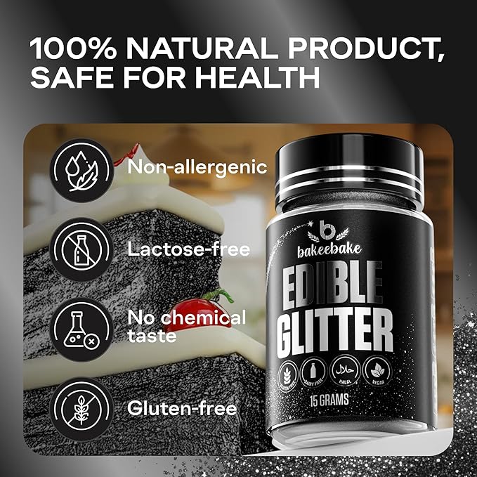 Bakeebake Edible Glitter 15g - Edible Glitter for Drinks & Desserts - Gluten Free Cake Decorating – Tasteless Vegan Drink Cocktails and Parties (Black, 15 grams)