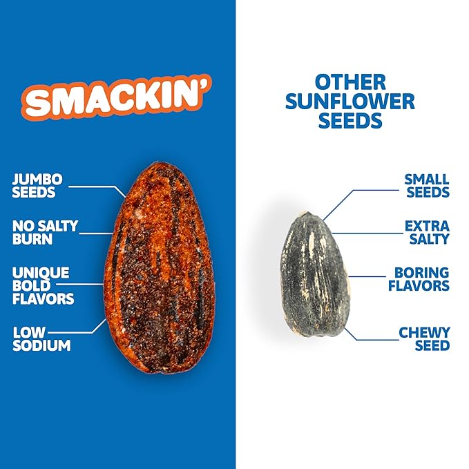 SMACKIN' Sunflower Seeds, Roasted Jumbo Small-Batch, American Made - Backyard BBQ. 1.5oz bags (6 Pack)