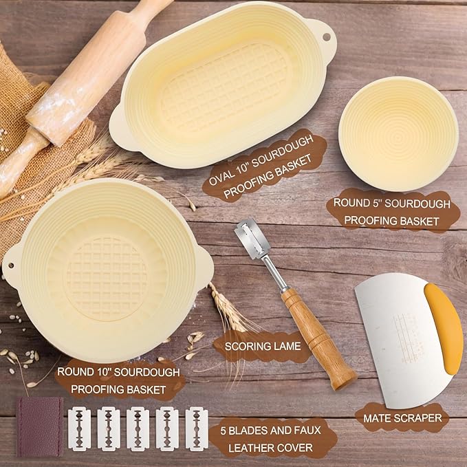 3Pcs Silicone banneton basket,Sourdough starter kit,Round 10" & Oval 10" & Round 5"(Yellow).Folds for Compact Storage,Non-stick,Dishwasher Safe,proofing baskets for sourdough baking.