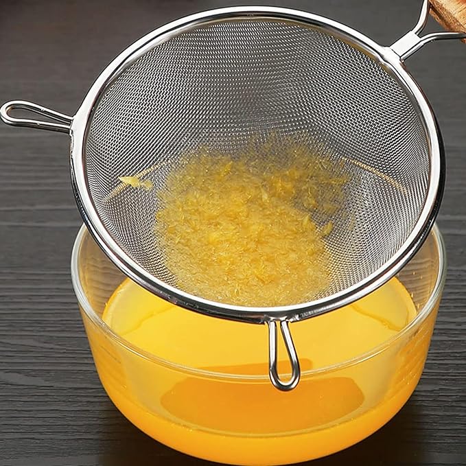 Strainer 8-Inch Diameter Medium Stainless Steel Fine Mesh Single Mesh Tan Handle Silver Sieve Kitchen Cooking Food Filter Handheld Multipurpose Strainer