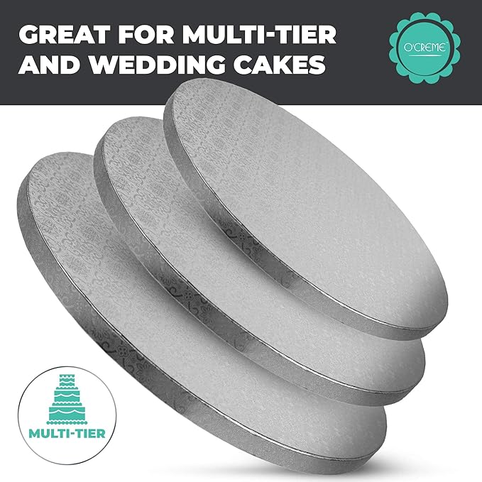 O’Creme Cake Board, Silver Foil Round Cake Circles with Gorgeous Design, Sturdy & Durable 1/2” Thick Cake Drums, Round Cake Boards with 22” Diameter, Pack of 5 Disposable Cake Drums