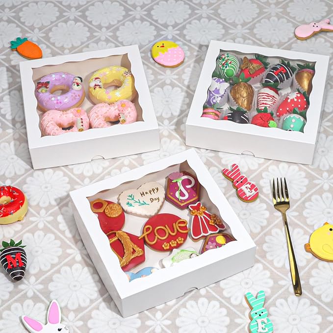 50pcs 8x8x2 Inch White Bakery Boxes with Window - Perfect for Cookies, Chocolate Covered Strawberries, Pretzels, Cakesicles & More