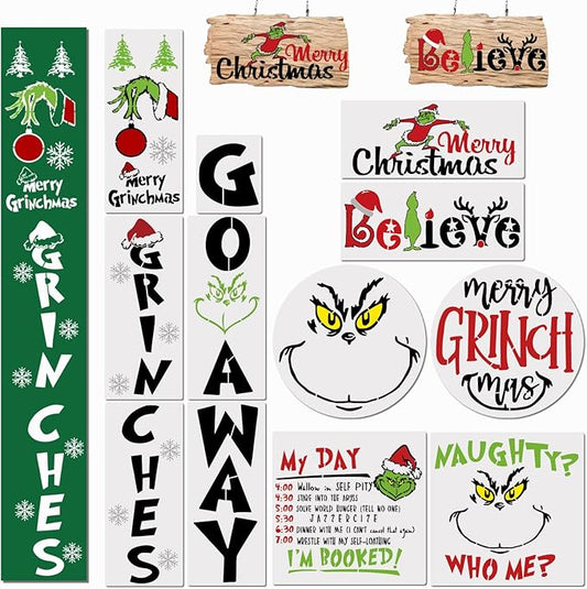 Large Christmas Stencils for Painting on Wood, Reusable Farmhouse Christmas Stencils for Crafts Drawing Paint Stencil for Porch Sign Door Hanger Home Decor Wall Canvas (12 Christams)