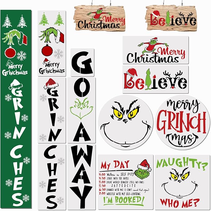 Large Christmas Stencils for Painting on Wood, Reusable Farmhouse Christmas Stencils for Crafts Drawing Paint Stencil for Porch Sign Door Hanger Home Decor Wall Canvas (12 Christams)