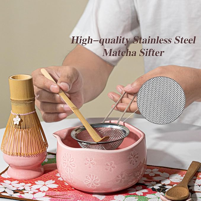 8 Pcs Matcha Set - Flower-shaped Matcha Bowl | Handcrafted Whisk and Holder | Bamboo Scoop and Spoon | Scoop Rest | Sifter and Tea Towel - Pink Matcha Set with Cherry Blossom Carved Patterns