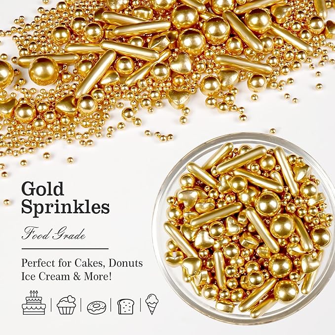 Gold Pearl Heart Sprinkles, Pearls Sprinkles For Cake Decorating, 150g/5.29oz Mix Size Sugar, Donuts, Cakes, Wedding Party, Christmas Supplies, Foodgrade Decorating, Edible Pearls