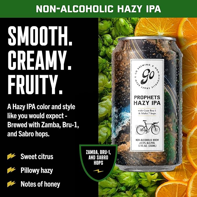 Go Brewing - Prophets Hazy IPA - Non-Alcoholic Craft Beer - Small Batch, Low-Calorie Brew - Smooth, Creamy, and Fruity Flavor Profile - Bold and Smooth Finish - Ideal for Any Occasion (12 Oz, 12 Cans)