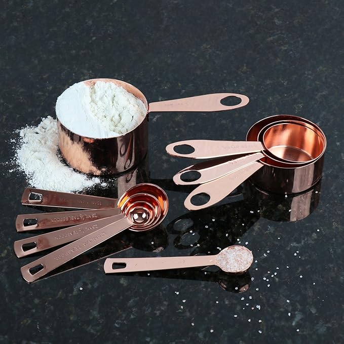 Copper Measuring Cups and Spoons Stainless Steel 9 pieces with 2 Rings