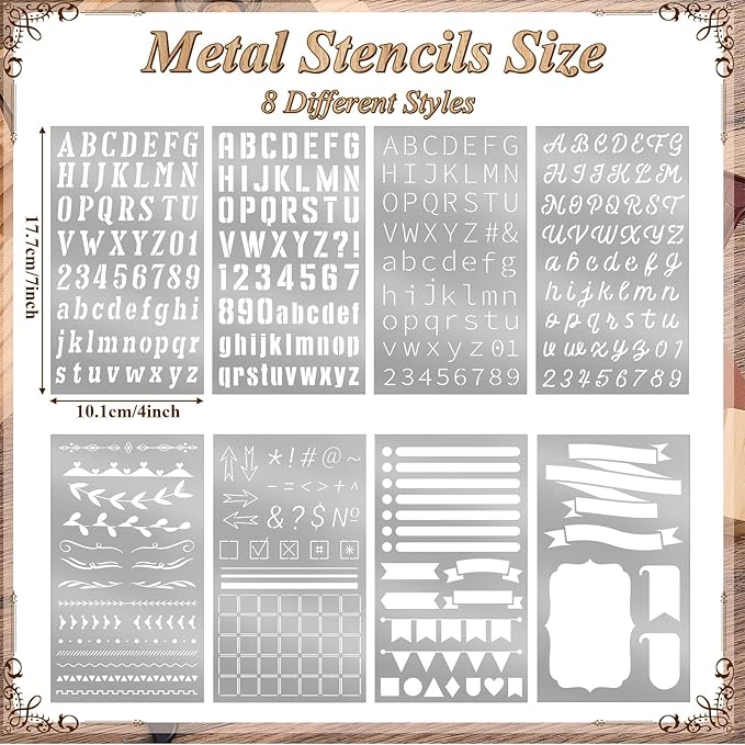 Lewtemi 8 Pcs 4 x 7 Inch Metal Letter Number Stencils Stainless Steel Metal Alphabet Stencils for Engraving Painting Journaling Bookmark Flower Vines DIY(Classic Style)