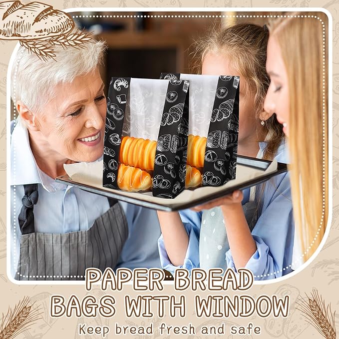 100 Packs Paper Bread Bags for Homemade Bread Sourdough 13.8 x 8.3 x 3.5 Inches Kraft Paper Bakery Bag with Window Label Seal Sticker for Baked Food Packaging Storage(Black)
