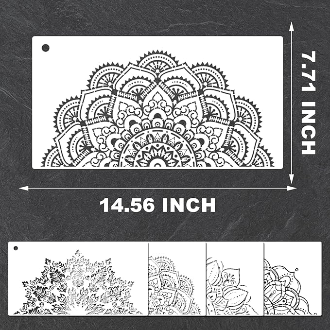 YKW 4 Pack Mandala Stencils for Painting - Reusable Large Mandala Templates - 14.5x7.7 Patterns for Wall, Fabric, Wood, Heterosexual Stone - DIY Home Decor Art Craft Supplies, Translucent and Soft