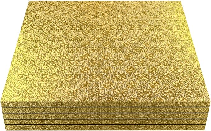 O'Creme Gold Foil Square Cake Board - Gorgeous Design, Sturdy & Durable 1/2" Thick Drums, 22" x 22" Inch, Pack of 5 Disposable