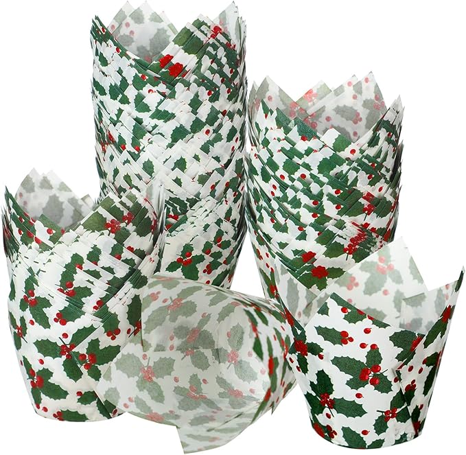 Uiifan 200 Pcs Holly Christmas Tulip Cupcake Liners Christmas Cupcake Wrappers Holly Muffin Liners Holders Tulip Wrappers for Party Decoration