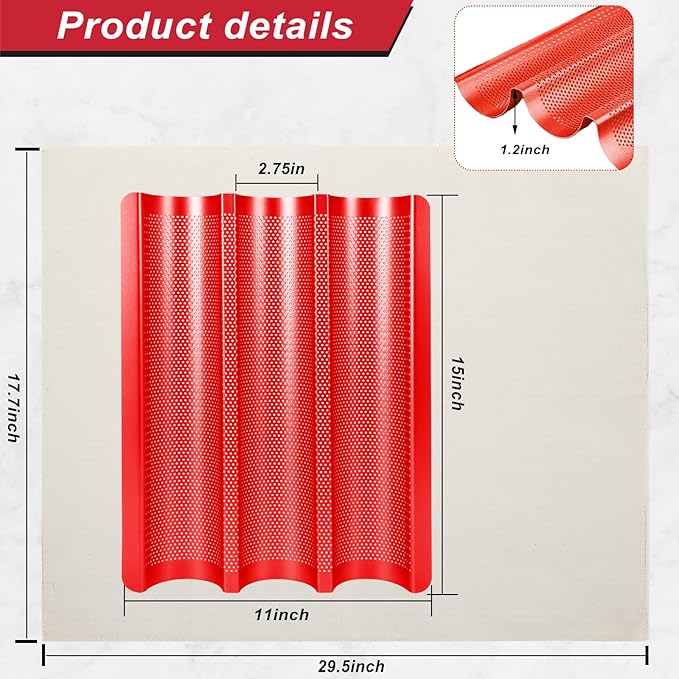 Baguette Bread Pan for Baking – Nonstick Perforated French Bread Pan, 3 Wave Thickened Carbon Steel Baguette Tray for Homemade French Baguettes, Garlic Bread, and Sandwich Rolls, Red