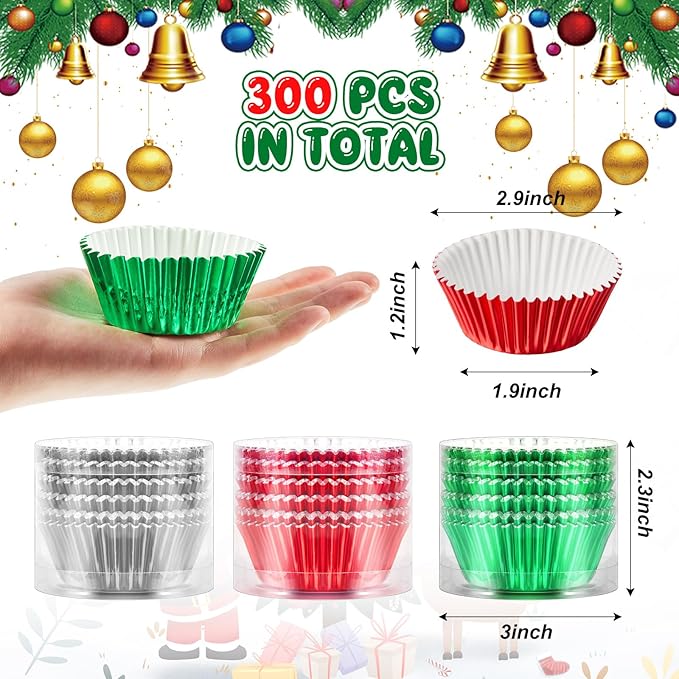 Mumufy 300 Count Christmas Foil Cupcake Liners 2 Inch Cupcake Wrappers Paper Bake Cup Set Foil Muffin Liners for Independence Day Christmas Party Supplies(Green, Red, Sliver)