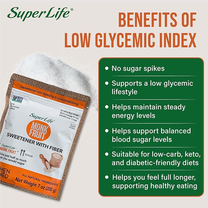 Super Life Monk Fruit Sweetener with Fiber – Low-Glycemic Index, Erythritol-Free Sugar Alternative for Baking, Beverages & Caramelizing | Non-GMO, Low-Calorie, Keto Diet Friendly – 7oz / 200g (8-Pack)