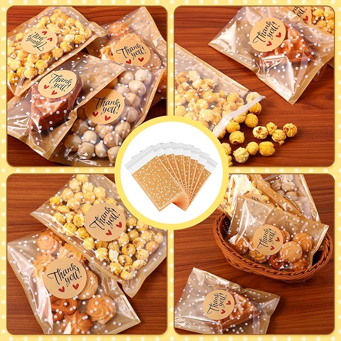 Self Adhesive Cookie Bags Cellophane Polka Dot Treat Bags Small Plastic with Thank You Stickers for Party Gift Giving Bakery Biscuit Candy Pastry(7.48 x 5.12 Inch,Small Dot,50 Pcs)