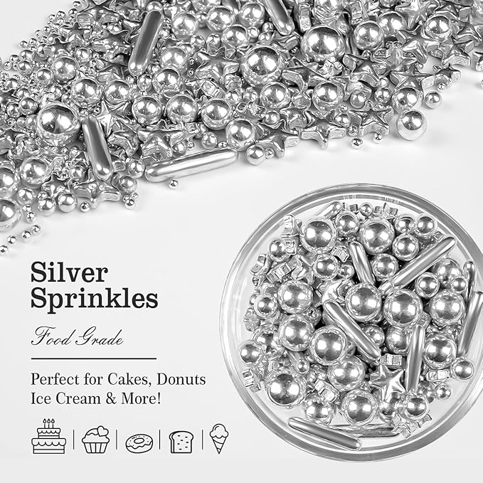 Silver Pearl Rods Star Sugar Christmas Sprinkles, Silver Sprinkles for Cake, Edible Pearls Baking Candy, 150g/5.29oz Mix Size, Cupcake Decoration, Wedding Party Supplies
