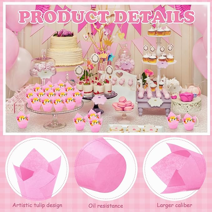 600 Pcs Tulip Cupcake Liners for Baking Muffin Liners Printed Baking Cups Holders Greaseproof Wrappers Decoration for Cupcake Bouquet Birthday Party Wedding Bride Shower (Hot Pink)