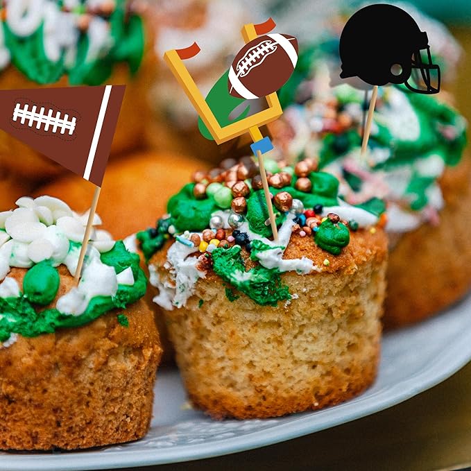 24 Pcs Football Cupcake Toppers, Disposable Foot Ball Themed Toothpicks, Touchdown Players Flagship Cake Toppers, Football Party Decorations for Sports Theme Baby Shower Birthday Party Supplies