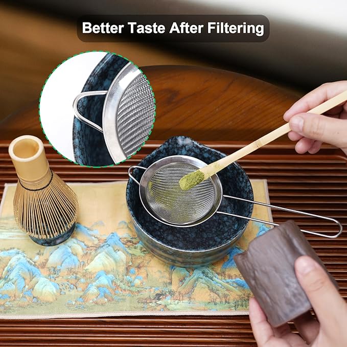 Matcha Whisk Set, 8pcs Matcha Set Ceremonial Grade Macha Kit Includes Bowl with Spout/Chashen Holder/Bamboo Whisk/Bamboo Scoop/Spoon/Sifter, Ideal Gift for Macha Lovers to Enjoy Making Tea