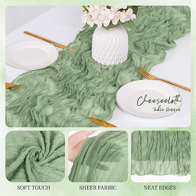 6 Pack Sage Green Cheesecloth Table Runner 17x108 Inch Semi Sheer Boho Gauze Cheese Cloth Fabric Table Runners, for Wedding Party Baby Shower Birthday Home Decor Garden Farmhouse