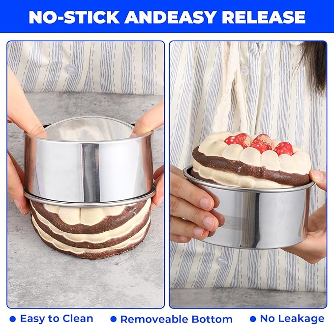 4 Pcs 4 Inch Cake Pan with Removable Bottom, 304 Stainless Steel Cake Pan Mini Round Easy Releasing Baking Pans for Birthdays, Weddings, Banquets, Parties, Christmas