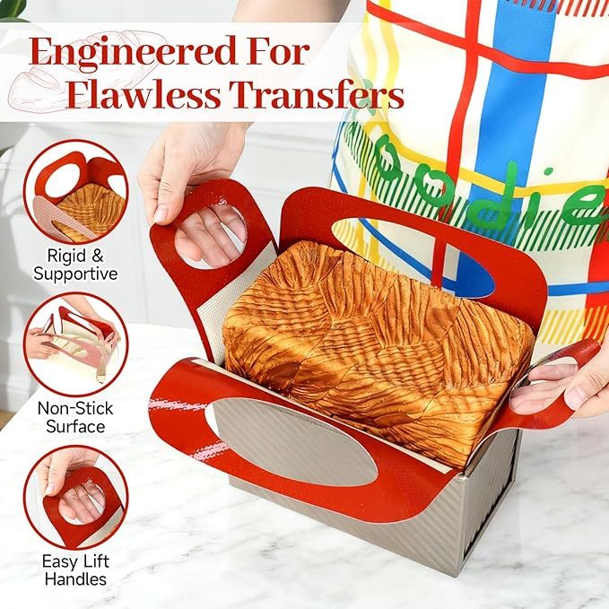 Silicone Baking Mats, 2 PACK Silicone Bread Loaf Pan Liner & Lifters with 4 Handles, Food-Grade Reusable Bread Sling, NonStick & Easy Clean Dough Transfer Baking Mat for 9 X 5 IN Loaf Pans