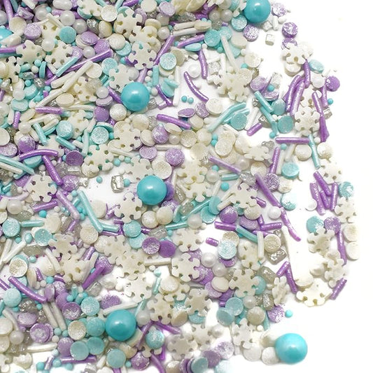 Let it Sprinkle - 8 Oz Resealable Bag - Winter and Christmas Themed Sprinkle Mix - Features Teal, Purple, and White Jimmies, Teal Pearls, and White Snowflake Quins - Cake and Ice Cream Sprinkles