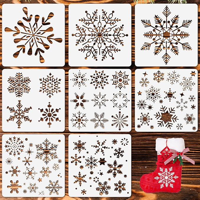 8 Pcs Christmas Snowflake Stencil Template, Reusable Plastic Drawing Painting Stencil Winter Holiday Templates Stencils for Window Glass Wall Door Card Scrapbook Notebook Holiday Xmas Snow Flake