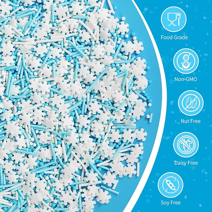 Christmas Edible White Snowflake Sprinkles,Blue White Nonpareils Pearls Jimmies Mix Sugar Sprinkle,100g,Snow Block Candy for Cake Decorating,Holiday Cake Decorations,Dessert,Cookies,Christmas Winter Baking Decorating