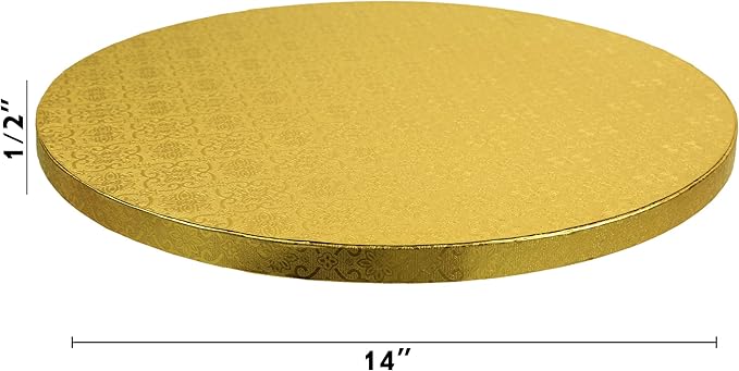 O’Creme Cake Board, Gold Foil Round Cake Circles with Gorgeous Design, Sturdy & Durable 1/2” Thick Cake Drums, Round Cake Boards with 14” Diameter, Pack of 5 Disposable Cake Drums