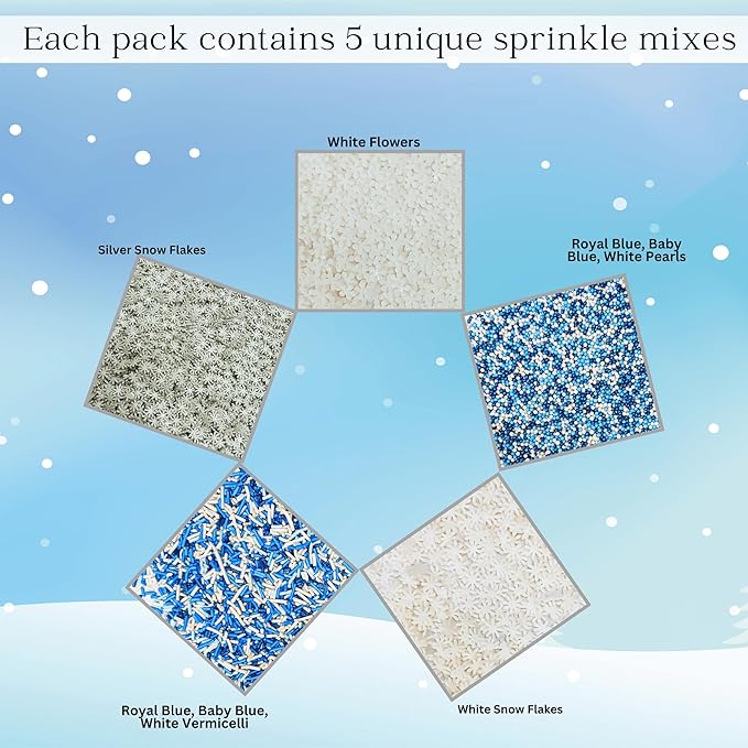 Confect Christmas Sprinkles | Frozen Mix Blue Pearls | Silver & White & Snowflakes | White Flower Sprinkle | Christmas Jimmies Sprinkles - 5 Oz