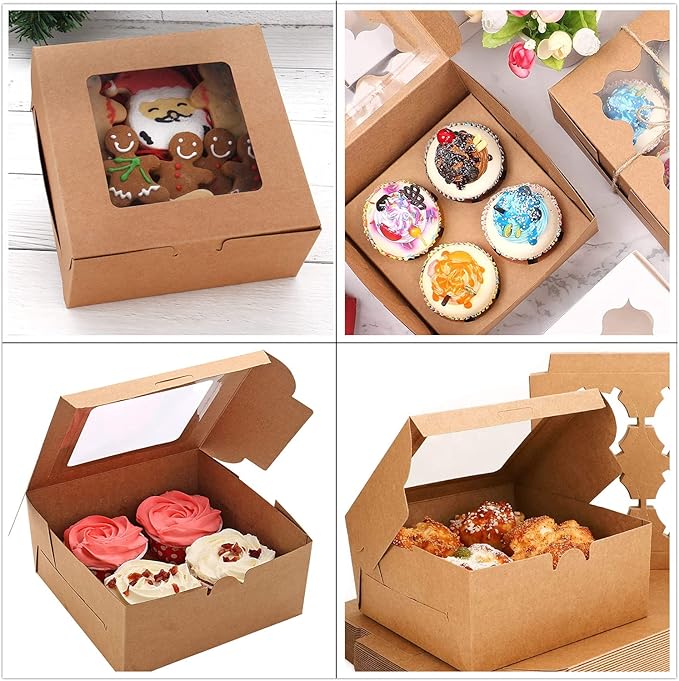 24 Pack 4 Count Bakery Cupcake Boxes, Cookie Boxes with Window 6x6x3 Cake Boxes, Cupcake Carrier Bakery Take Out Containers, Brown Kraft Treat Boxes for Muffins Macaroon Donut Chocolate Bombs