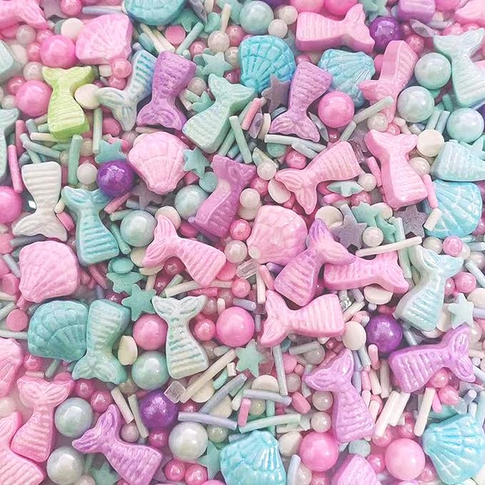 Sentovac Multicolor Mermaid Sprinkle Edible Decorating Ocean Sprinkles for Cake Cupcake Topper Cookie Baking Decorations Starfish Shell Pearl Mermaid Candy Mix Mermaid Party Birthday Cake Decorations