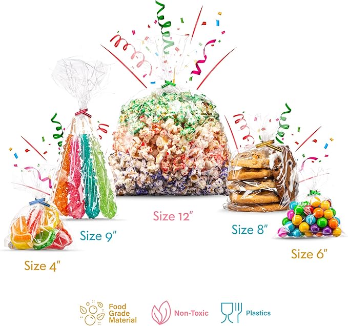Prestee 200-Pack Clear Plastic Cellophane Gift Bags [9x12] with 4" Twist Ties - Perfect for Candy, Cookies, & Treats (Pack of 200)