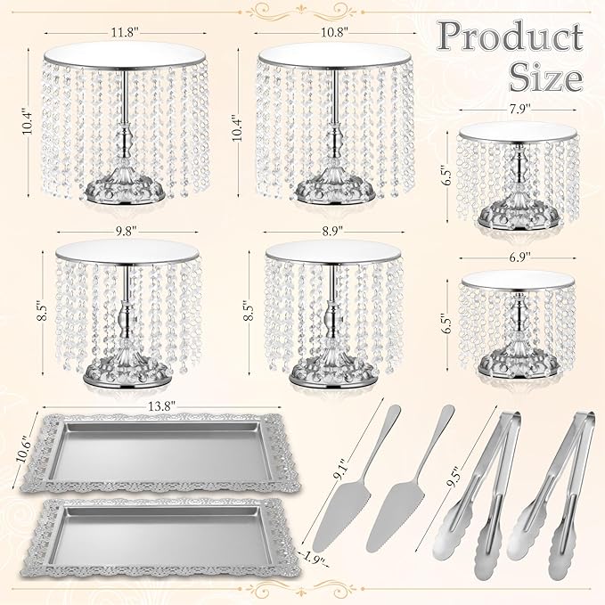 12 Pieces Silver Cake Stand Set, Vintage Cake Display Stand with Crystal Edge and Cupcake Display Tray, Dessert Table Display Set for Wedding Party Baby Shower Anniversary Celebration
