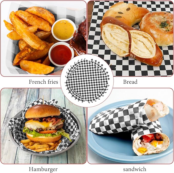 200 Pcs Wax Paper Sheets for Food Deli Wrap Paper Sheets 8.5x8.5"Food Basket Liners Black Checkered Square Sandwich Wraps for Burgers Bread Restaurant Barbecue Picnic