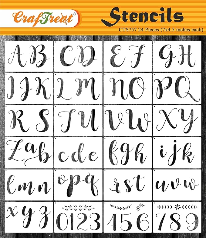CrafTreat Reusable 24 Pcs Calligraphy Stencils (7x4.5 Inch Each), Cursive Stencil Letters, DIY Reusable Stencils for Crafts, Clothes, Cakes, Spray Painting, Furniture, Decoration, and Walls
