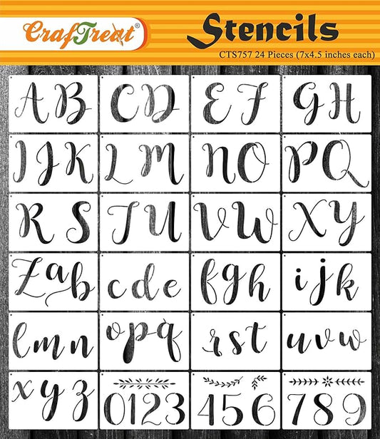 CrafTreat Reusable 24 Pcs Calligraphy Stencils (7x4.5 Inch Each), Cursive Stencil Letters, DIY Reusable Stencils for Crafts, Clothes, Cakes, Spray Painting, Furniture, Decoration, and Walls