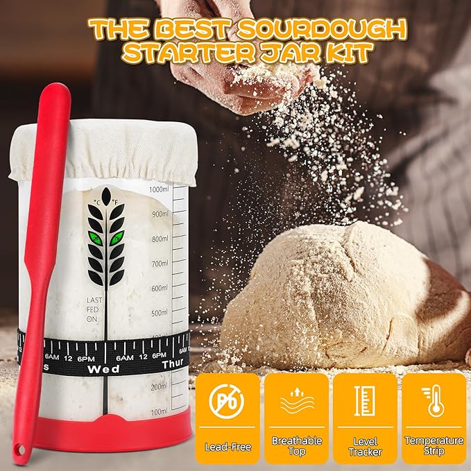 Sourdough Starter Jar Kit 2Pack, 40OZ Large Sourdough Starter Kit With Thermometer Strips & Scraper, Sourdough Bread Baking Supplies–A Perfect Sourdough Bread Starter Kit for Beginners to Expert