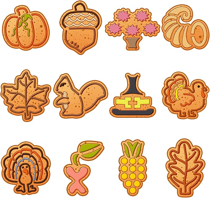 Nuenen 12 Pcs Thanksgiving Cookie Press Set Cookie Press Discs Stainless Steel Stencils Metal Mold Disc for Baking Holiday Cakes Thanksgiving Birthday Cake Decoration, 12 Style (Natural)