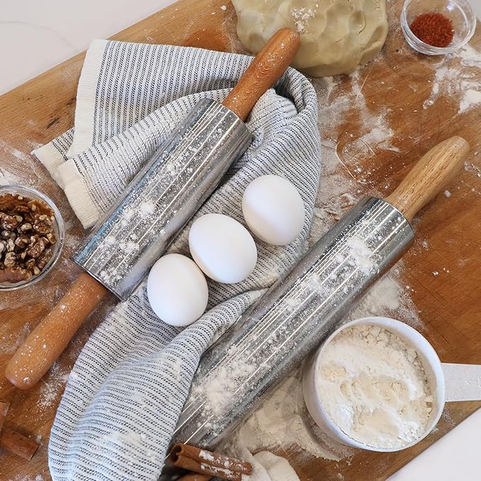 Beille Oak Wood Stainless Steel Barrel Classic Bakers Rolling Pin Baking Supplies Kitchen Essentials (2 Sizes) (17 Inch)