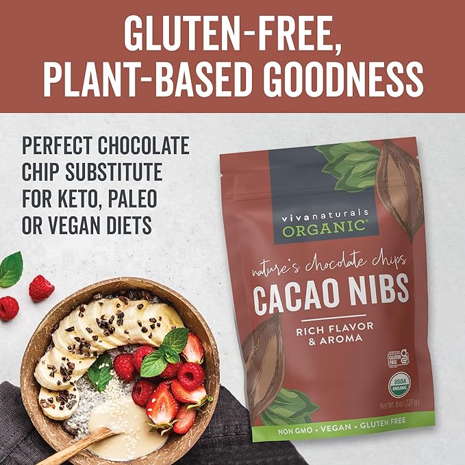 Viva Naturals Organic Cacao Nibs, Unsweetened, 8 oz (227 g), Keto Friendly, Vegan, Non-GMO, Gluten-Free Chocolate Chip Substitute