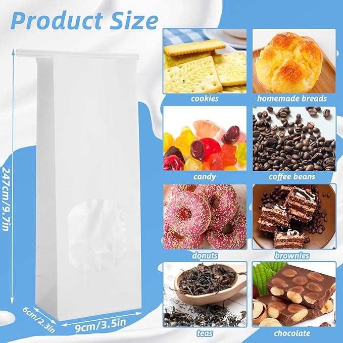 QTLCOHD 100Pcs Bakery Bags with Window 3.5 x 2.4 x 9.8 Inch White Paper Bread Bags Tin Tie Tab Lock Cookie Paper Treat Bag for Packaging Cookies Pastry Loaf Popcorn
