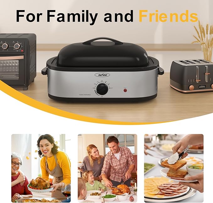 Sunvivi 14-Quart Electric Roaster Oven with Self-Basting Lid, Turkey Roaster Oven with Rack, Stainless Steel, Silver
