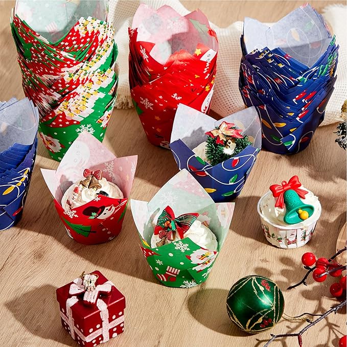 300 Pcs Jumbo Muffin Liners for Baking 2-1/4" x 4" Large Tulip Cupcake Liners Greaseproof Cupcake Wrapper Paper for Weddings Birthday Christmas Anniversaries Party (Christmas Color)