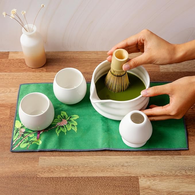 Matcha Whisk Set- Matcha Set includes Matcha Whisk and Bowl (Bowl with Spout), Sifter, Holder and Scoop- The Perfect Bamboo Whisk for Matcha Tea (White- 7PC)